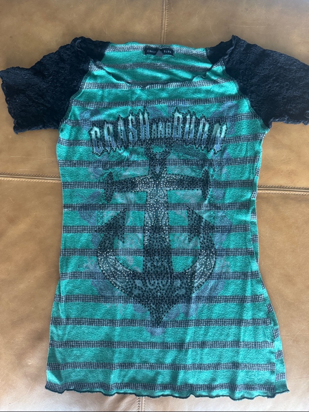 Crash & Burn Teal and Black Striped Anchor Top